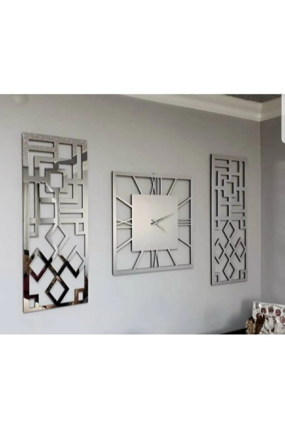 Aynalı Gümüş Duvar Saati 40 X 40 Cm 3'lü